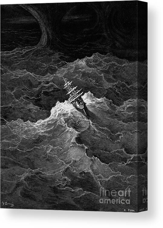 Storm; Rough; Vessel; Waves Canvas Print featuring the drawing Ship in stormy sea by Gustave Dore
