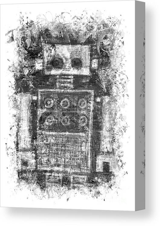 Robot Canvas Print featuring the drawing Silver Scene Robot Splat by Roseanne Jones