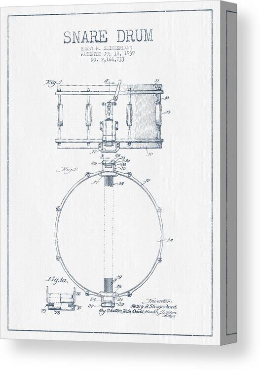 Snare Drum Canvas Print featuring the digital art Snare Drum Patent Drawing from 1939 - Blue Ink by Aged Pixel