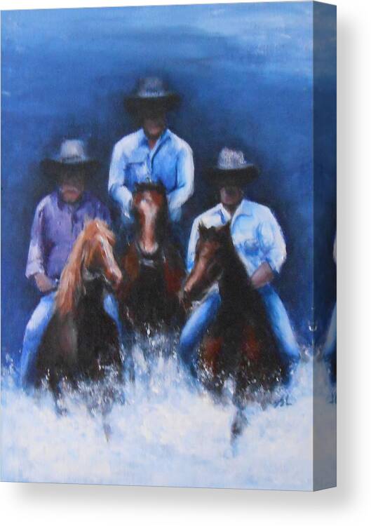 Horseman Canvas Print featuring the painting Snowy River by Jane See