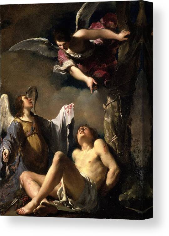 Saint Canvas Print featuring the painting St. Sebastian Succoured By Two Angels by Guercino