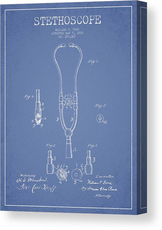Stethoscope Canvas Print featuring the digital art Stethoscope Patent Drawing From 1882 - Light Blue by Aged Pixel