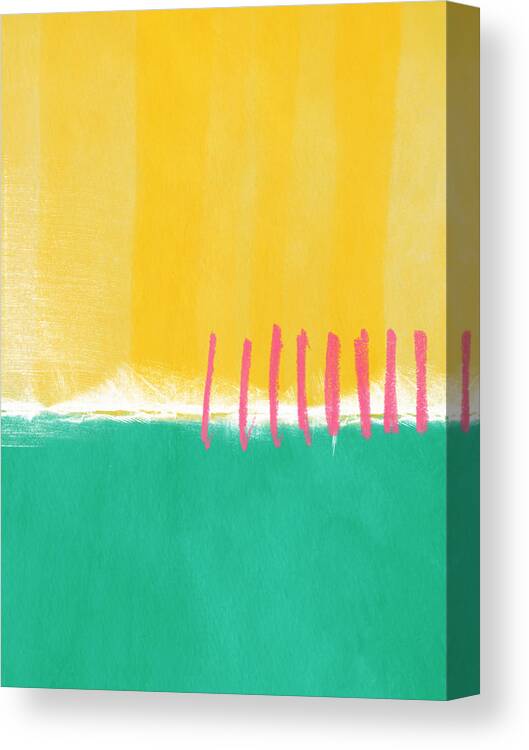 Large Contemporary Abstract Landscape Abstract Painting Yellow And Pink Yellow And Turquoise Yellow Abstract Painting Fresh Spring Summer Nature Cheery Painting Lobby Art Office Art Hospitality Art Studio Art Gallery Art Turquoise Art Contemporary Abstract Painting Zen Abstract Canvas Print featuring the painting Summer Walk by Linda Woods