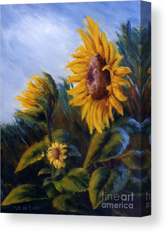 Flower Canvas Print featuring the painting Sunflowers on Green Hill Under Blue Sky by Lenora De Lude