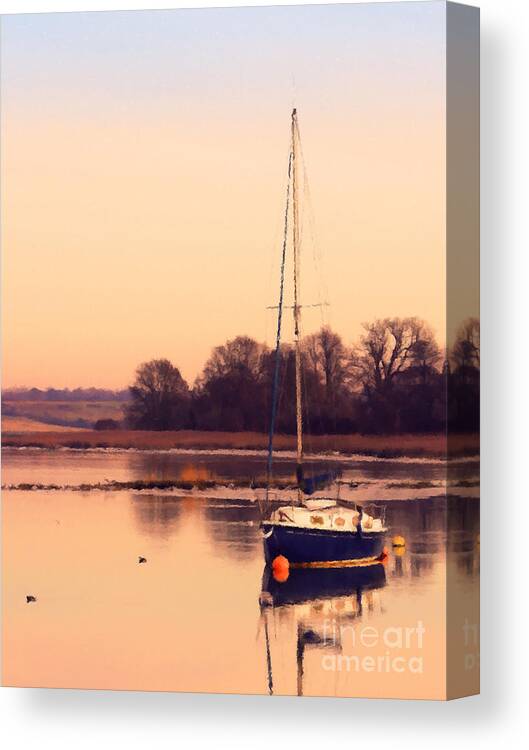 Boat Canvas Print featuring the painting Sunset at the creek by Pixel Chimp