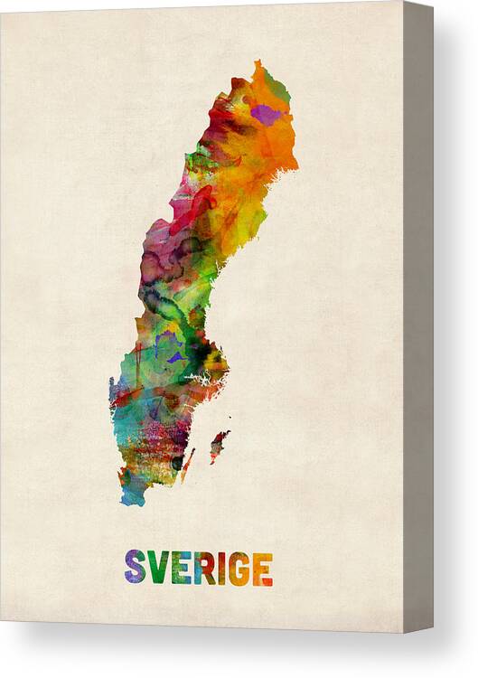 Urban Canvas Print featuring the digital art Sweden Watercolor Map by Michael Tompsett