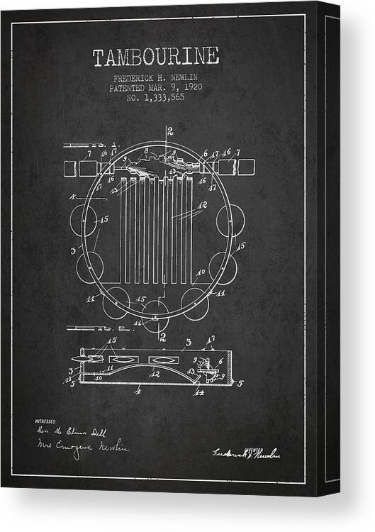 Tambourine Patent Canvas Print featuring the digital art Tambourine Musical Instrument Patent from 1920 - Charcoal by Aged Pixel