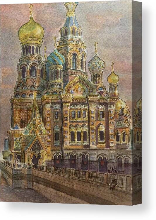 Architecture Canvas Print featuring the painting The Church of Our Savior on the Spilled Blood St Petersburg by Henrieta Maneva