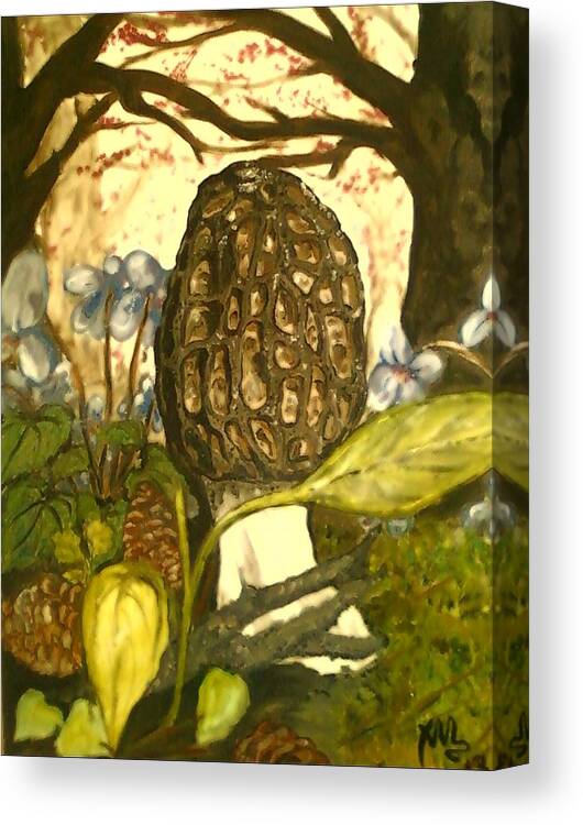 Morel Canvas Print featuring the painting The Elusive Morel Among Violets by Alexandria Weaselwise Busen