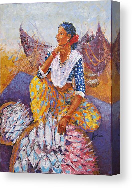 Fish Canvas Print featuring the painting The Fisherwoman by Jyotika Shroff