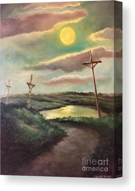 Cross Canvas Print featuring the painting The Moon with Three Crosses by Rand Burns