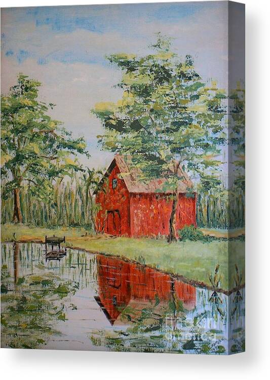 Red Shed Building Canvas Print featuring the painting The Shed - SOLD by Judith Espinoza