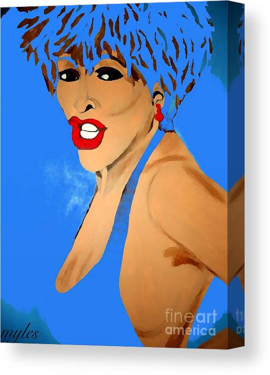 Tina Turner Canvas Print featuring the painting Tina Turner Fierce Blue 2 by Saundra Myles