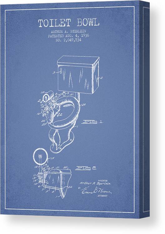 Toilet Canvas Print featuring the digital art Toilet Bowl Patent from 1936 - Light Blue by Aged Pixel