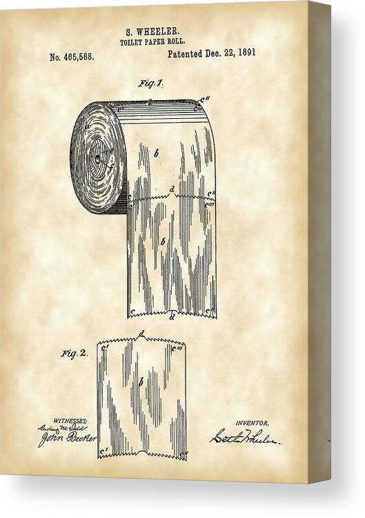 Toilet Paper Roll Patent Canvas Print featuring the digital art Toilet Paper Roll Patent 1891 - Vintage by Stephen Younts