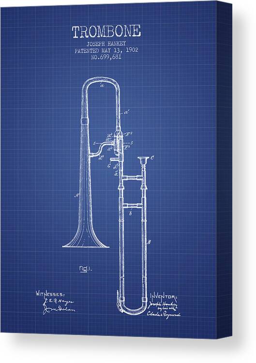 Trombone Canvas Print featuring the digital art Trombone Patent from 1902 - Blueprint by Aged Pixel