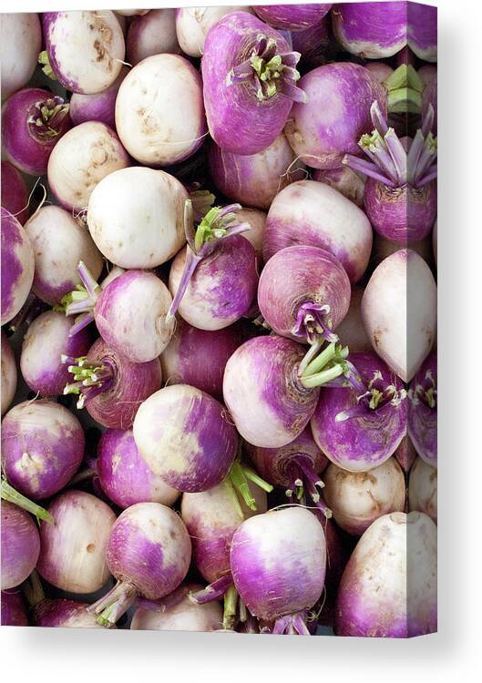 Purple Canvas Print featuring the photograph Turnips At A Farmers Market by Bill Boch