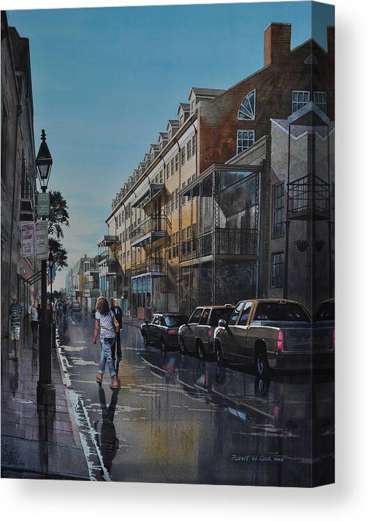 Urban Landscape Canvas Print featuring the painting Twilight on Royal by Robert W Cook