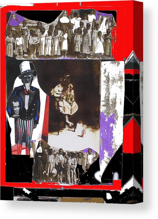 Uncle Sam Nuns Sitting Child Collage Color Added 1972 Democratic National Convention Miami Beach Florida Tohono O'odham Indian Students San Xavier Mission Tucson Canvas Print featuring the photograph Uncle Sam Richard Nixon mask nuns sitting child collage 2013 by David Lee Guss
