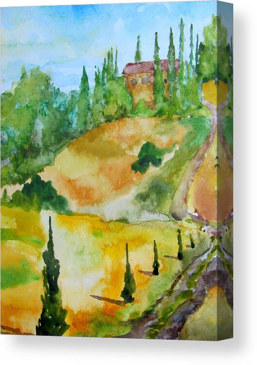 Central Italy Tuscany Landscape Cypress Trees Farmhouse Italian Tuscan Light Pastoral Bucolic Hills Foliage Scenery Nature Canvas Print featuring the painting Up the Hill by James Huntley