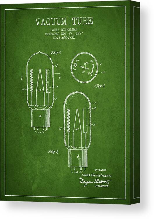 Vacuum Tube Canvas Print featuring the digital art Vacuum Tube Patent From 1927 - Green by Aged Pixel