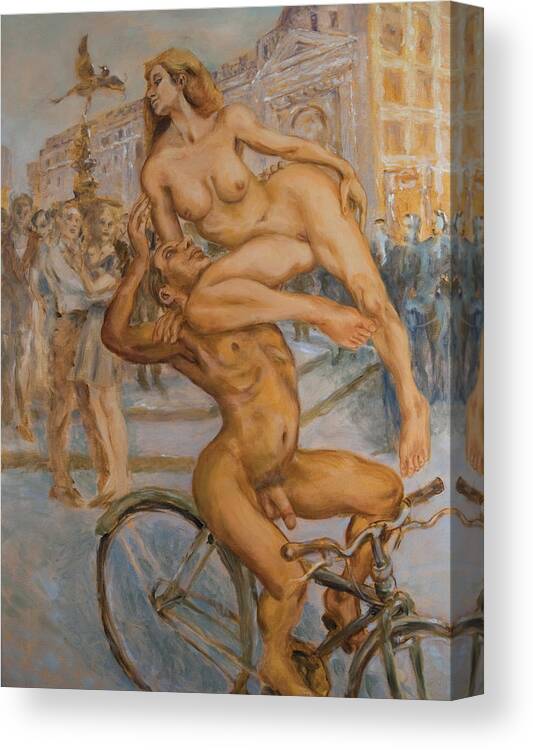 Nudes Canvas Print featuring the painting Venus and Adonis cycling under Eros by Peregrine Roskilly
