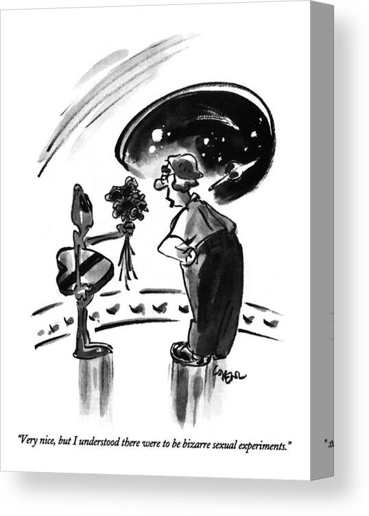 

 Woman Says To Space Creature On Flying Saucer Who Is Trying To Woo Her With Flowers And Chocolates. 
Sci-fi Canvas Print featuring the drawing Very Nice, But I Understood by Lee Lorenz