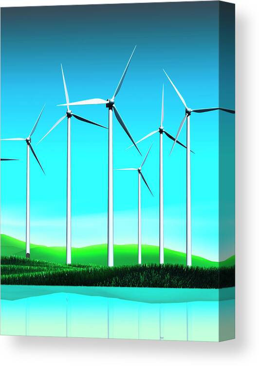 Alternative Energy Canvas Print featuring the photograph Wind Turbines Near Lake In Countryside by Ikon Ikon Images