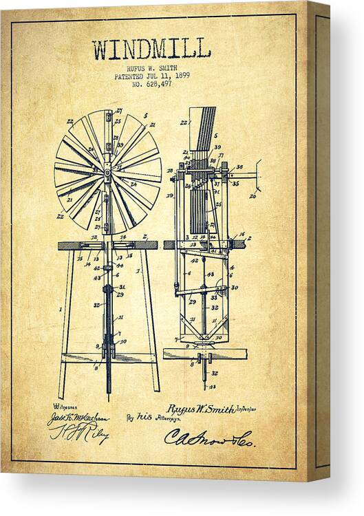Windmill Canvas Print featuring the digital art Windmill Patent Drawing From 1899 - Vintage by Aged Pixel