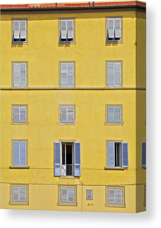 Balcony Canvas Print featuring the photograph Windows of Florence Against a Faded Yellow Plaster Wall by David Letts