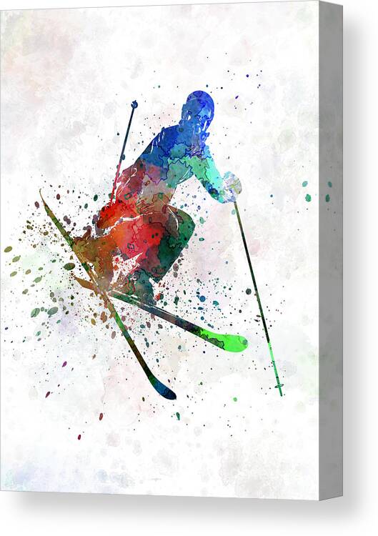 Adults Canvas Print featuring the painting Woman Skier Freestyler Jumping by Pablo Romero