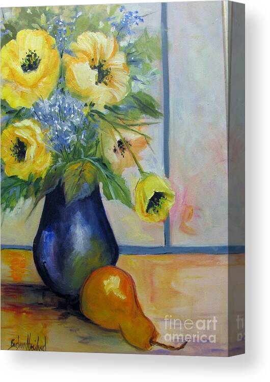 Fine Art Canvas Print featuring the painting Yellow Poppies and A Pear by Barbara Haviland