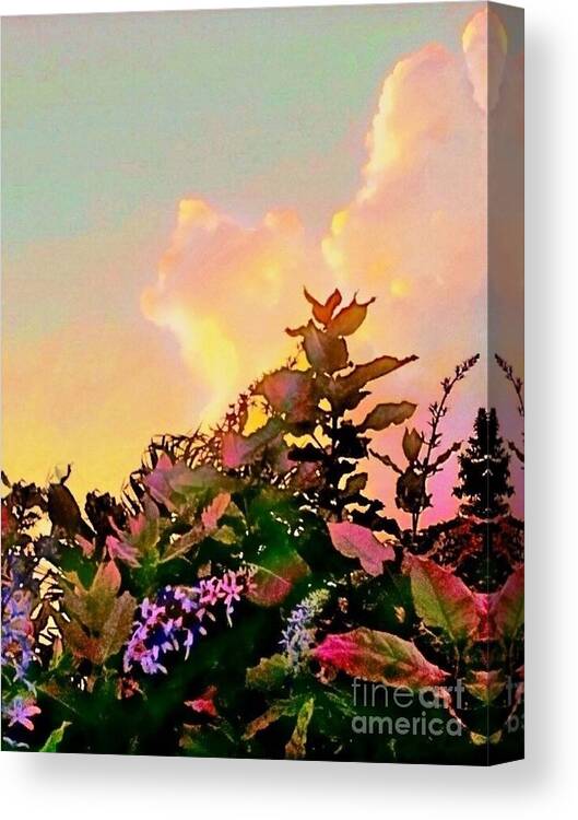 Sharkcrossing Canvas Print featuring the digital art V Yellow Sunrise and Flowers - Vertical by Lyn Voytershark