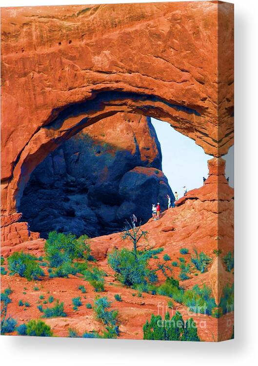 Another Great Sandstone Arch In Arches National Monumnet Close To Moab Utah Nationall Parks Of The Southwest Southwestern Art Tourrism In Utah And Colorado The Geat Salt Dome Geologic Sand Stone Features Reds Tans Blues Greens Persective Amazeing Geolligc Stone Features Canvas Print featuring the digital art All Seeing Eye by Annie Gibbons