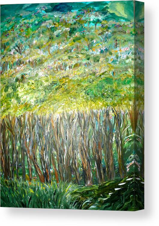 Whimsical Forest Scene Canvas Print featuring the painting At The Whims Of Limbs by Sara Credito