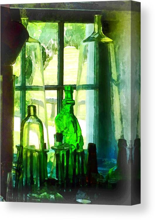 Bottles Canvas Print featuring the photograph Green Bottles on Windowsill by Susan Savad