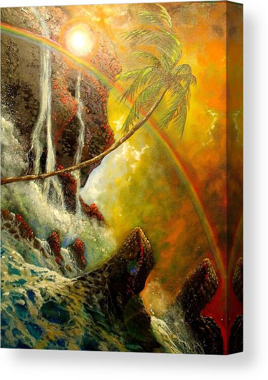 Hawaii Waimea Waterfall Seascape Canvas Print featuring the painting Hawaii Waimea Falls by Leland Castro