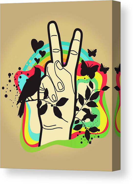 Vertical Canvas Print featuring the digital art Person Making Peace Symbol, Butterflies And Dove In Background by New Vision Technologies Inc