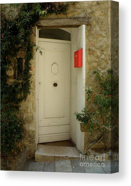 Door Canvas Print featuring the photograph Red Mailbox at White Door by Lainie Wrightson