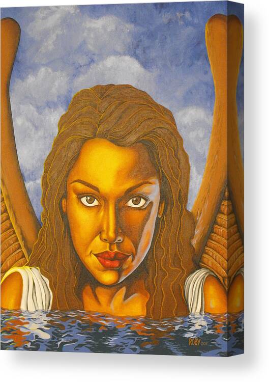African American Angel Immersed In Water Canvas Print featuring the painting Reflection by William Roby
