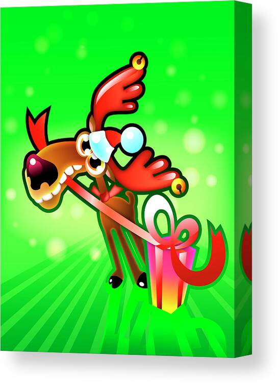 Vertical Canvas Print featuring the digital art Reindeer Opening Gift by New Vision Technologies Inc