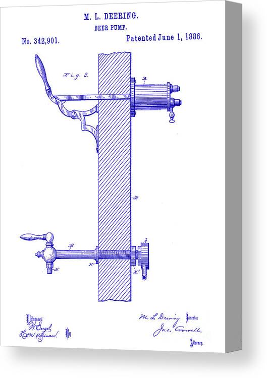 Beer Canvas Print featuring the photograph 1886 Beer Pump Patent Blueprint by Jon Neidert