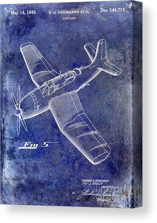 1946 Airplane Patent Canvas Print featuring the photograph 1946 Airplane Patent Blue #2 by Jon Neidert