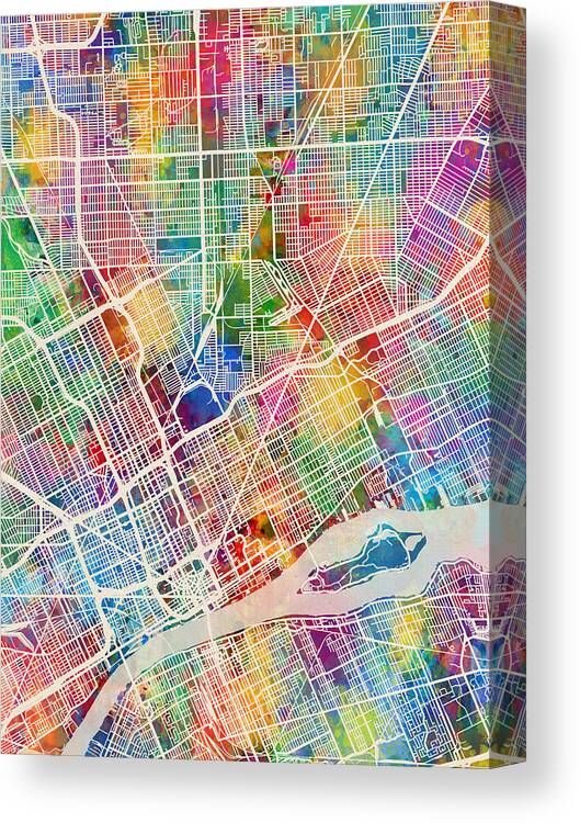Detroit Canvas Print featuring the digital art Detroit Michigan City Map by Michael Tompsett