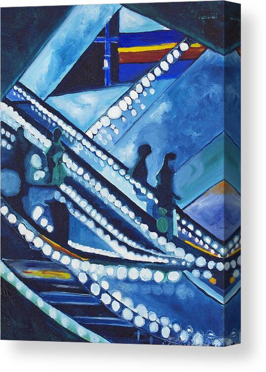 Night Scenes Canvas Print featuring the painting Escalator Lights by Patricia Arroyo