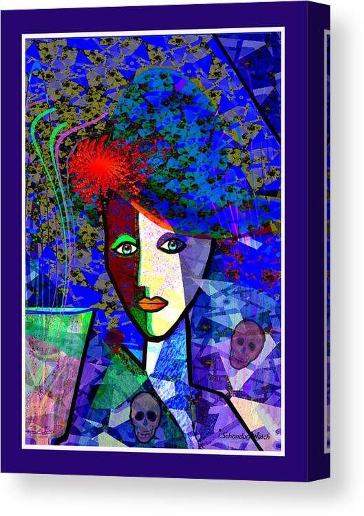 1151 Canvas Print featuring the digital art 1151 - Blue Lady With Skulls And Flower 2017 by Irmgard Schoendorf Welch