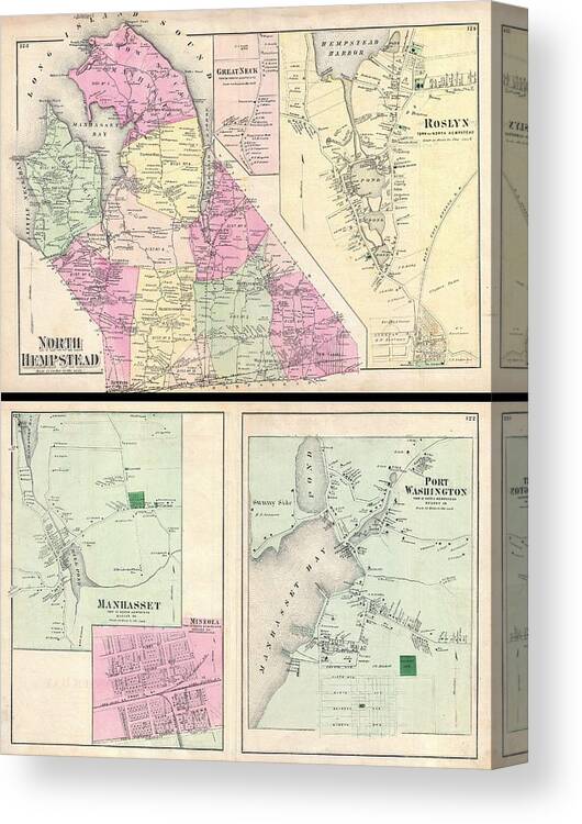 1873 Beers Map Of North Hempstead Canvas Print featuring the photograph 1873 Beers Map of North Hempstead Great Neck and Roslyn Long Island New York by Paul Fearn