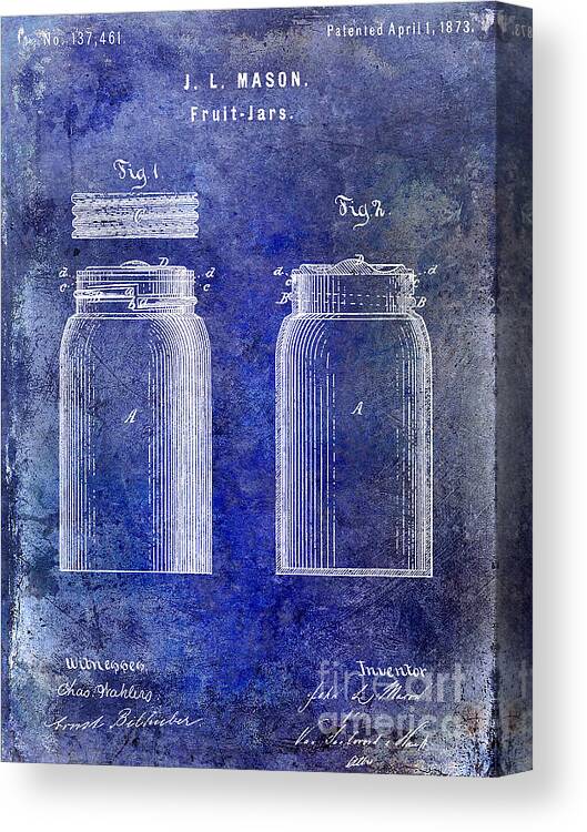 Jar Canvas Print featuring the photograph 1873 Mason Jar Patent Blue by Jon Neidert
