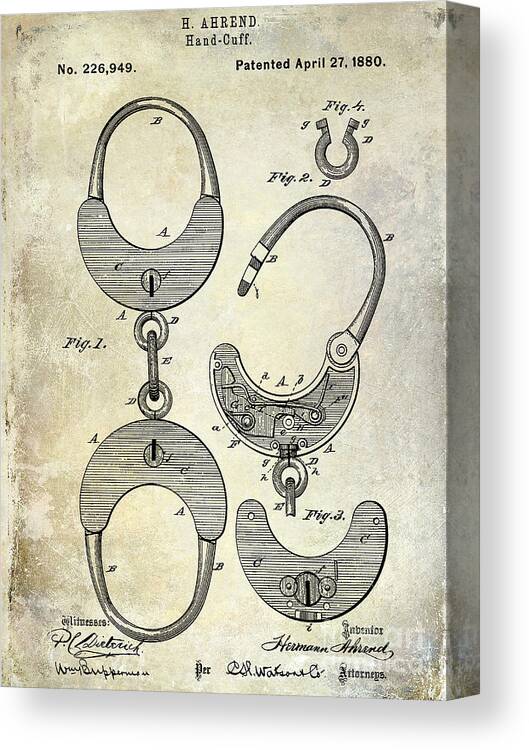 Handcuff Canvas Print featuring the photograph 1880 Handcuff Patent by Jon Neidert