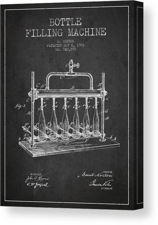 Bottle Machine Canvas Print featuring the digital art 1903 Bottle Filling Machine patent - charcoal by Aged Pixel